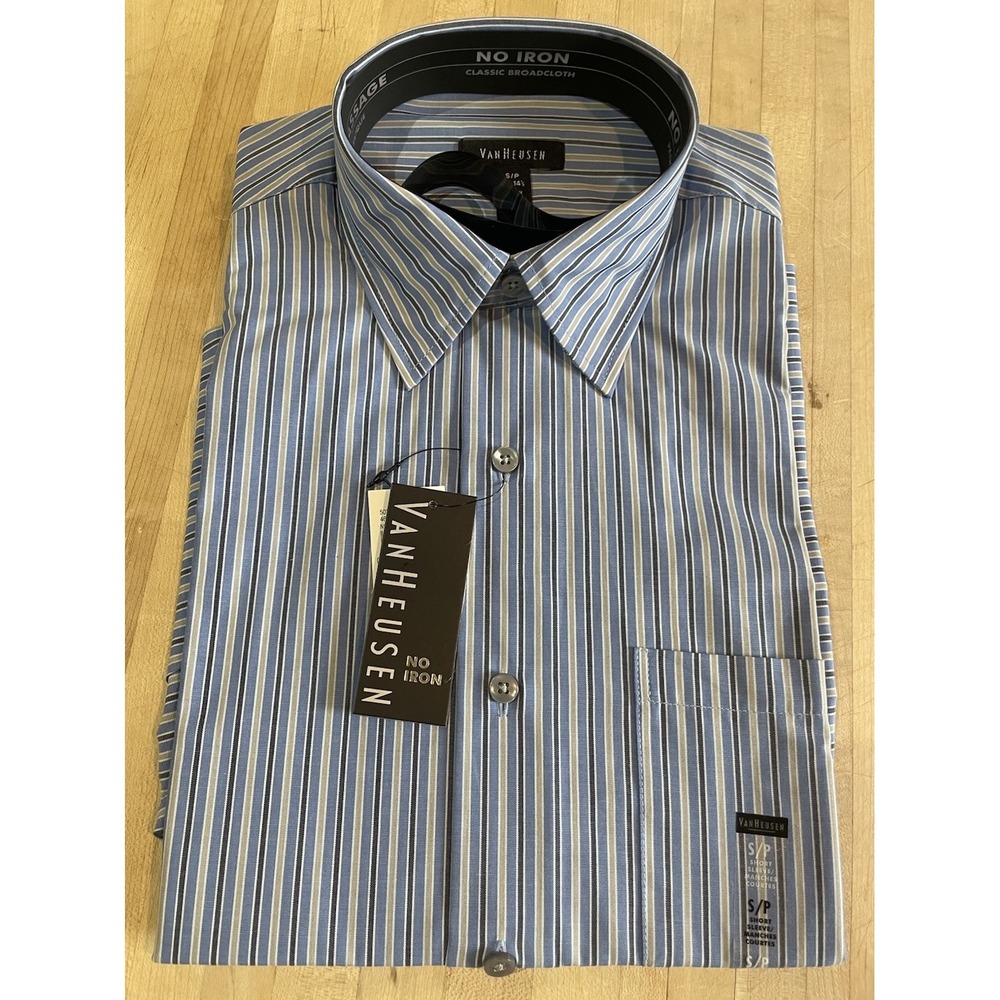 Van Heusen Mens Small Blue White Tan Stripe Dress Shirt 14-14.5 Wrinkle Free New